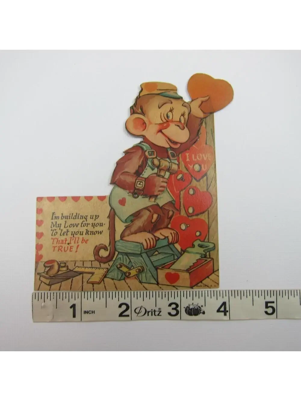 Vintage Valentine Card Mechanical Monkey Hammer Heart Building Tools 1920s-1930s